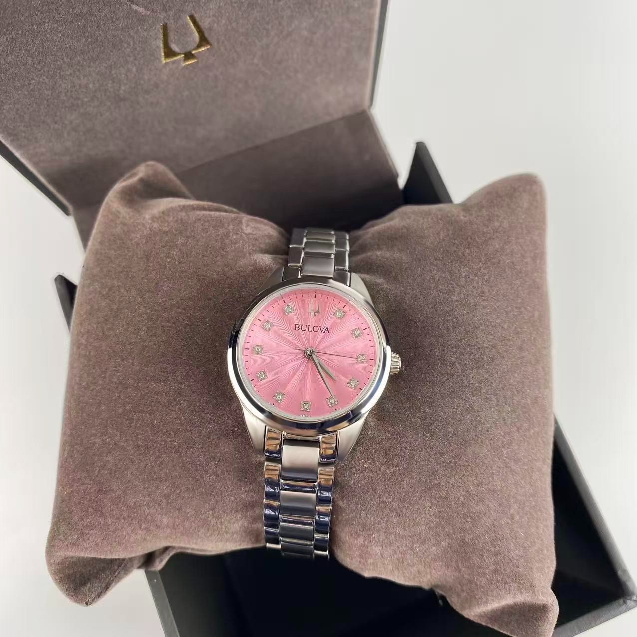 Bulova Sutton 96P249 Pink Diamond Dial Stainless Steel Women’s Quartz Watch 28mm