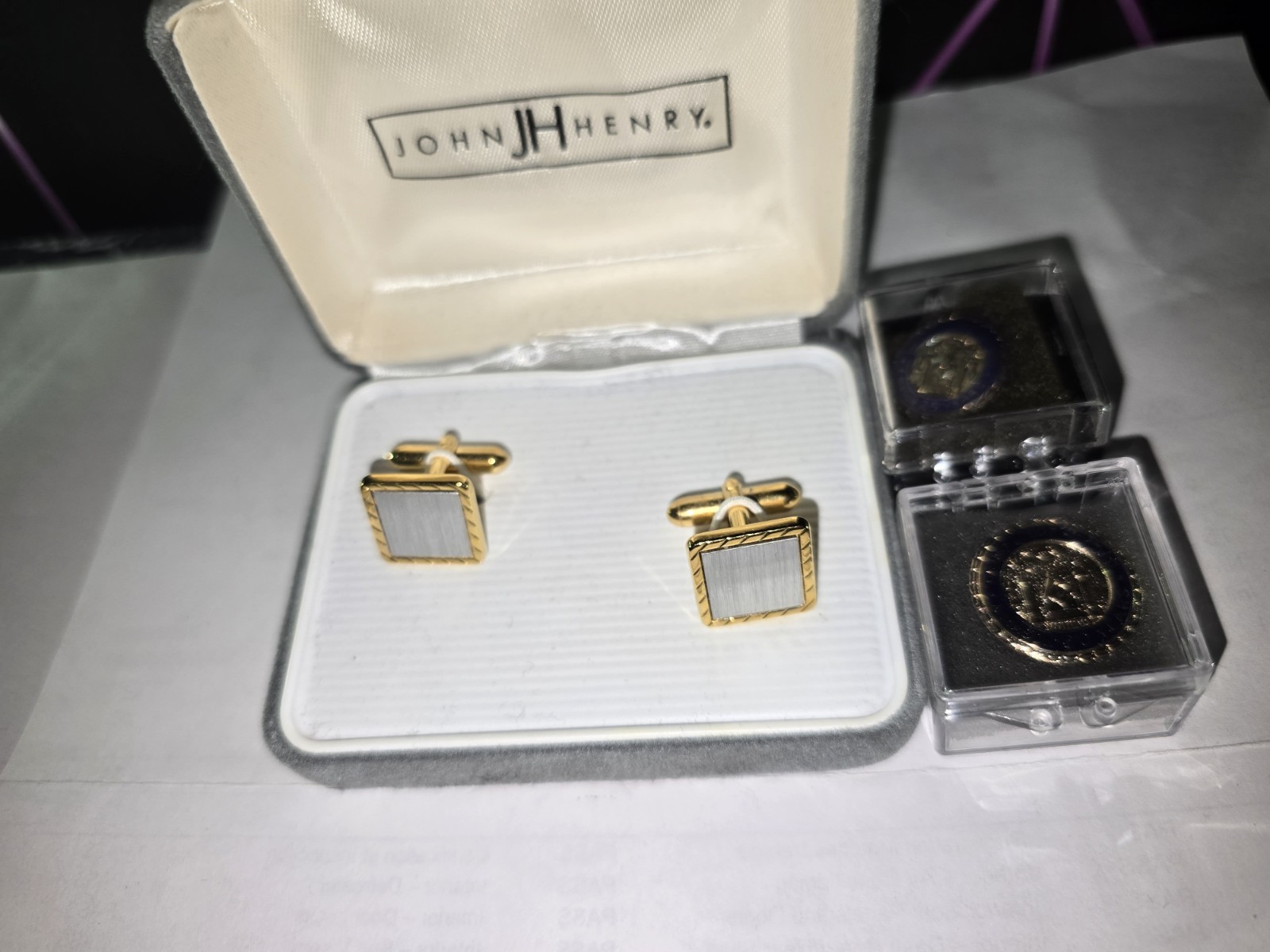 John Henry Square Cufflinks Gold Tone w/ Silver Center Bullet Back Set w/ Case