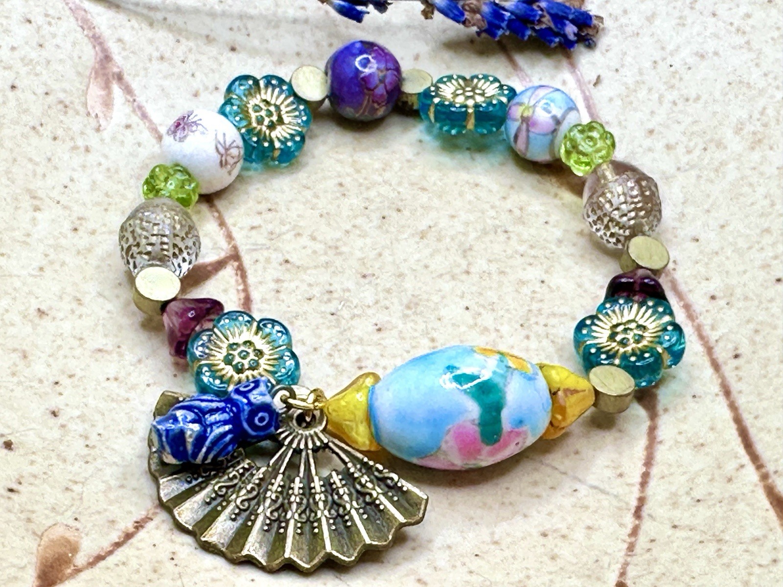 Multicolor Beaded Bracelet w/Czech Glass, Porcelain, Brass Accents & Owl Dangle