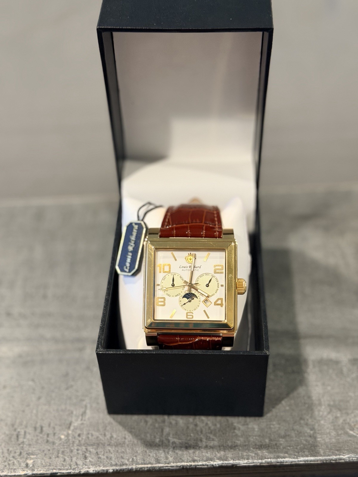 Louis Richard Automatic Dial Gold Tone Watch Brown Leather Moon Phase Date