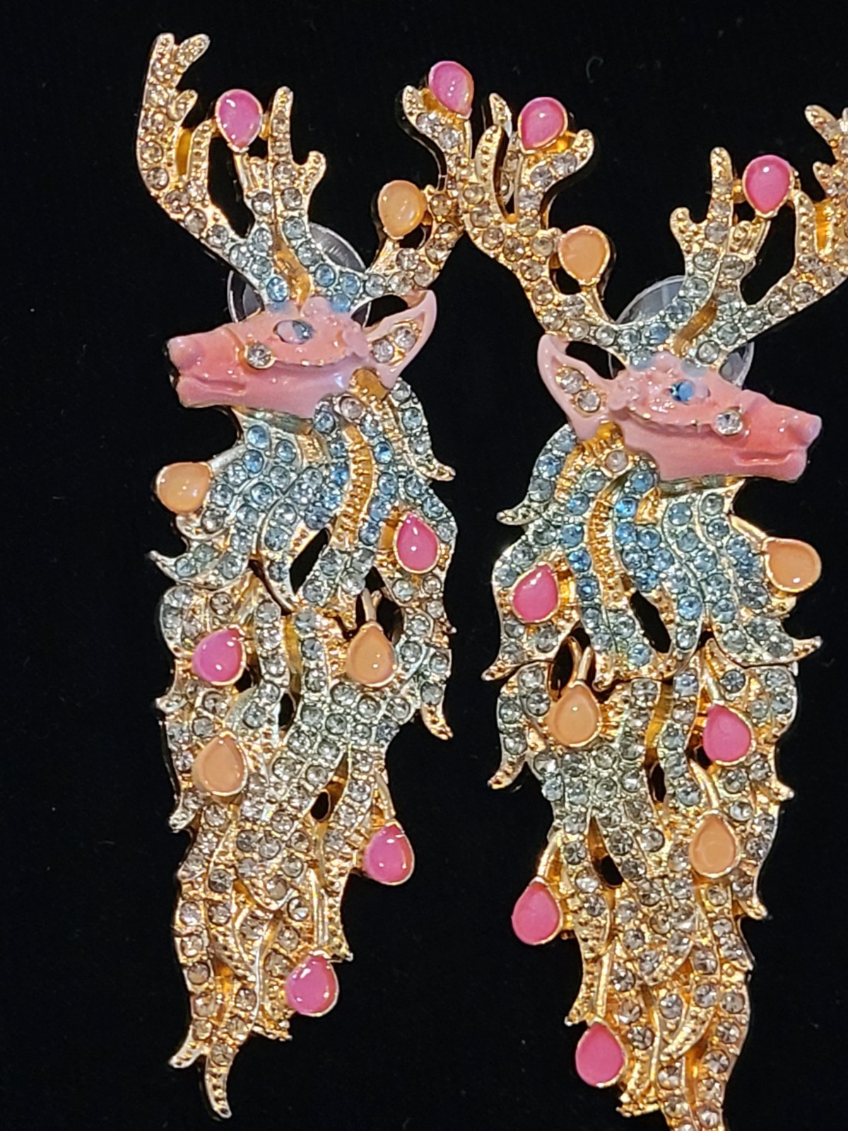 PINK REINDEER DANGLE CRYSTAL CHRISTMAS HOLIDAY GOLD EARRINGS NEW In Gift BOX