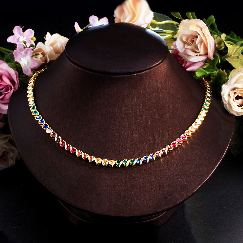Gold Plated Rainbow Cubic Zircon Heart Tennis Necklace for Women Wedding Jewelry