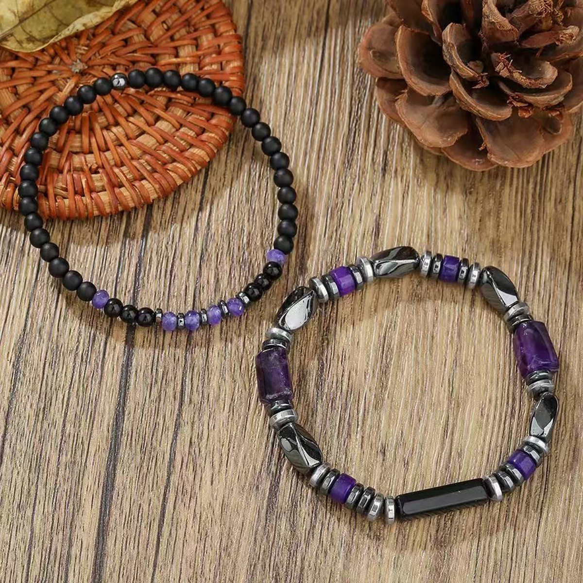 Amethyst Onyx Men Bracelet 2Pcs Set 4mm Stackable Natural Stone Beads For Son