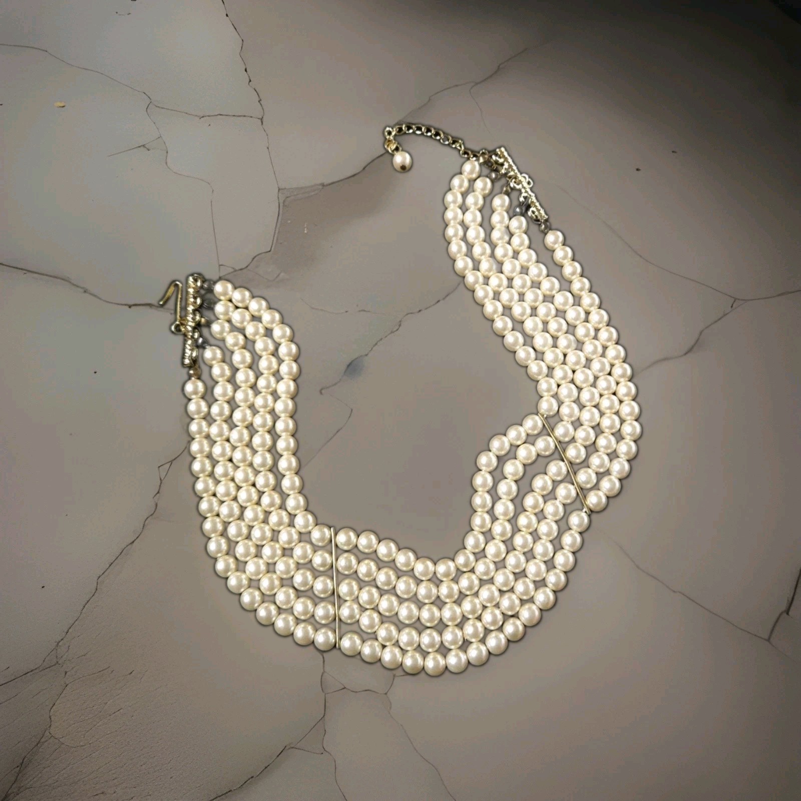 Vtg 1950s 5-Strand Faux Pearl Choker Necklace Clip-On Earrings Set Mid Century