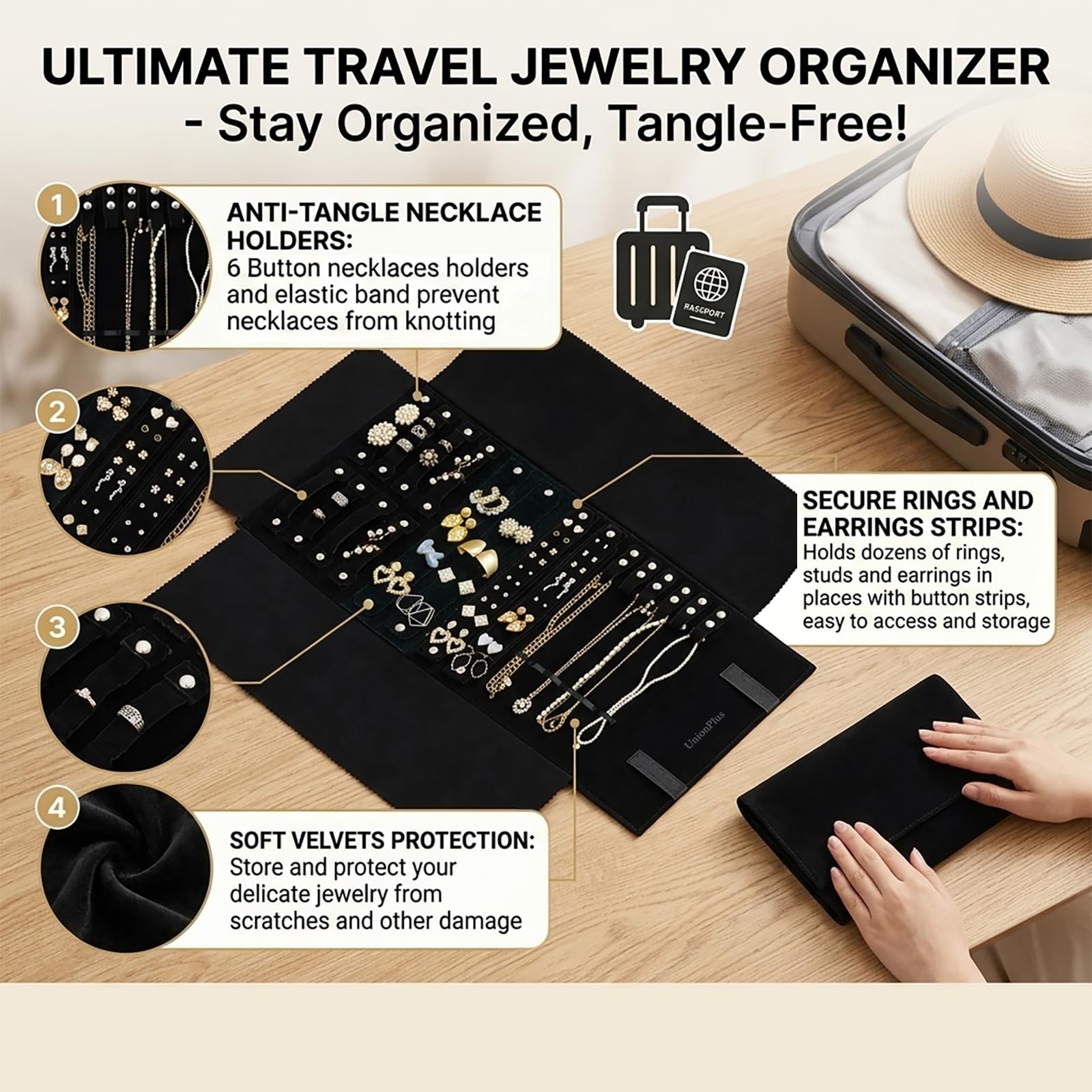 Velvet Jewelry Roll Organizer, Travel Jewelry Case with Multiple Compartments…