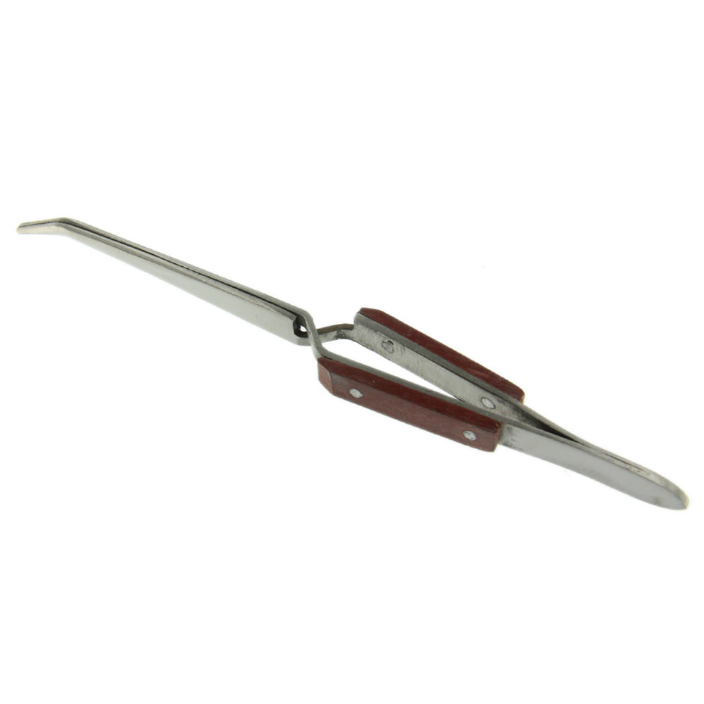 Soldering Tweezers 6.5″ Self Closing Fiber Grip Cross Locking Bent Curved Tip