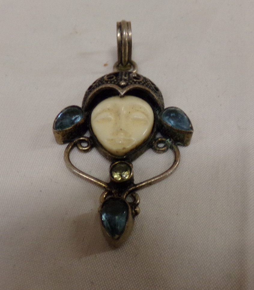 SAJEN Goddess Carved Silver Necklace Pendant With Blue Topaz Stones Unsigned