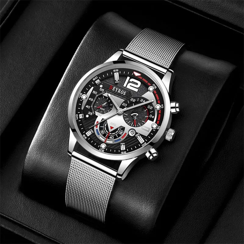 2023 Luxury Men’s Quartz Watch with Stainless Steel Mesh and Luminous Features