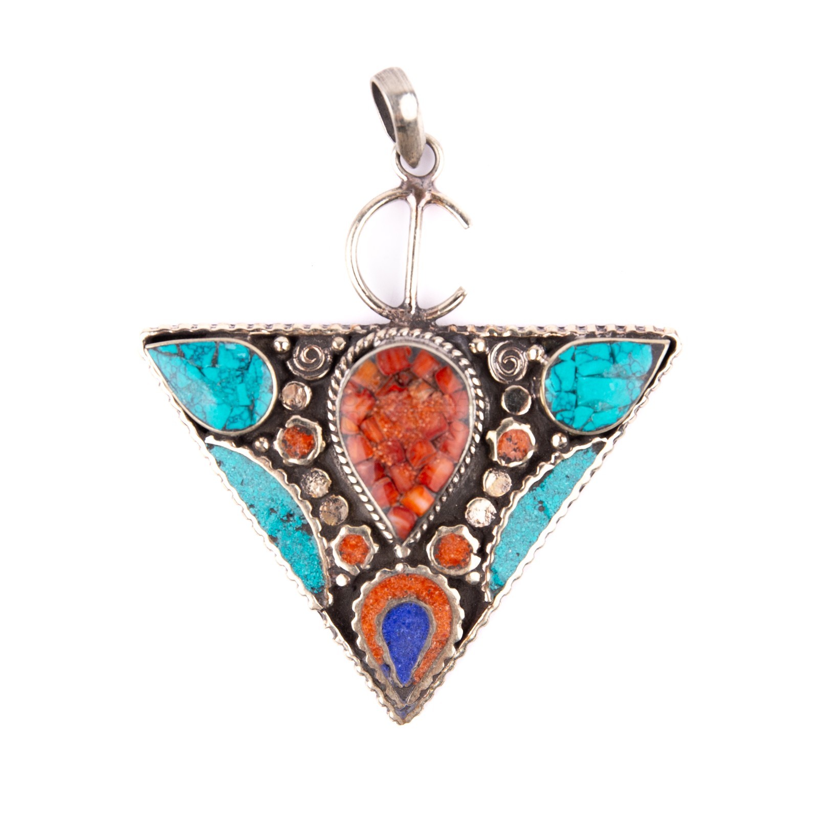 Tibetan Pendant, Tazerzit Pendant, Turquoise Stone Amulet, Coral & Lapis Lazuli