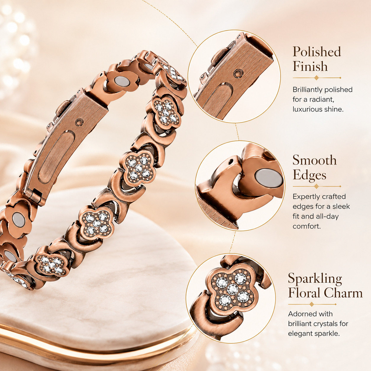 Women’s Copper Magnetic Bracelet Clover Crystal Adjustable Pain Relief Arthritis