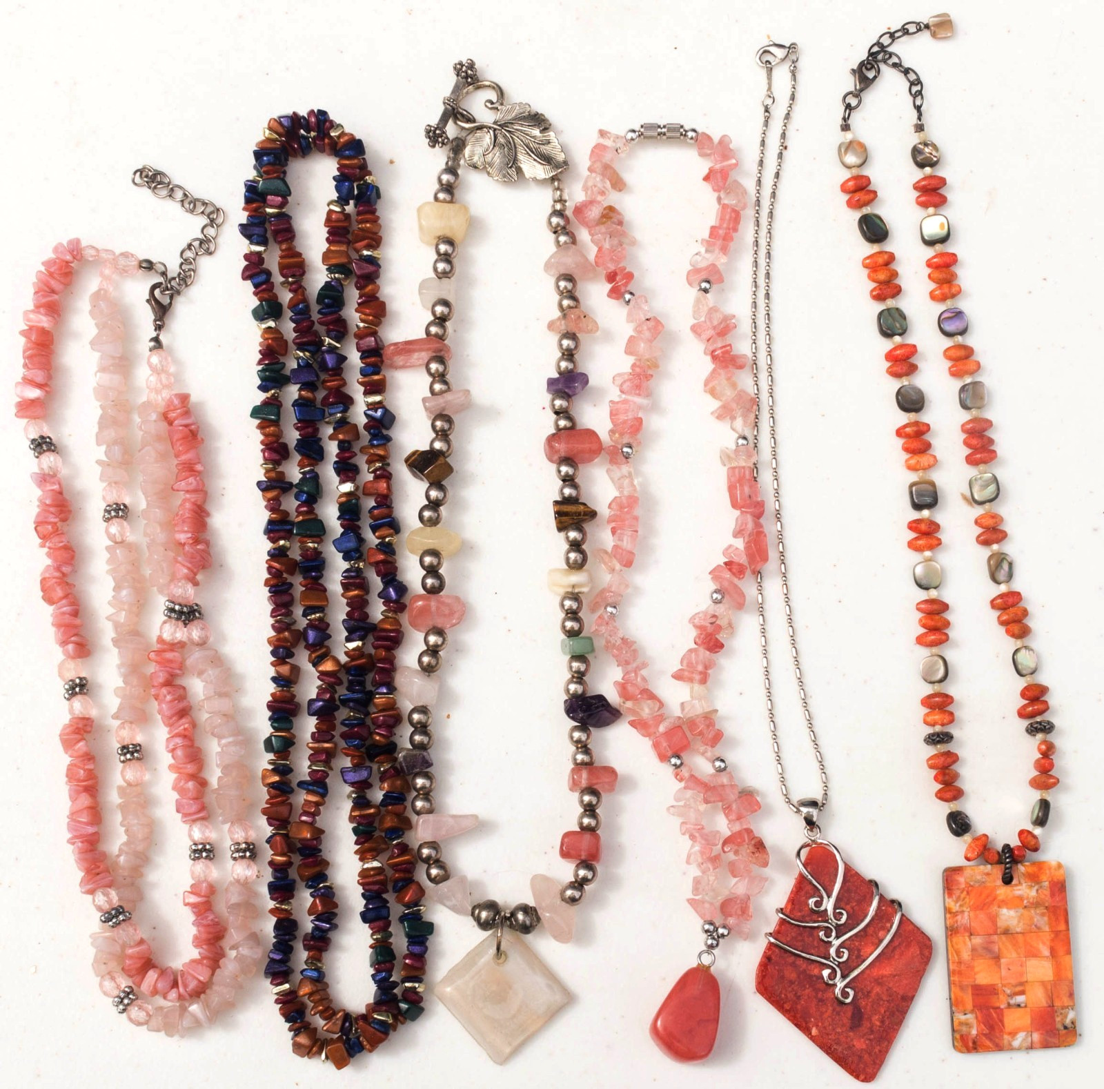 Lot of 6 Orange & Brown Gemstone & Shell chip Necklaces