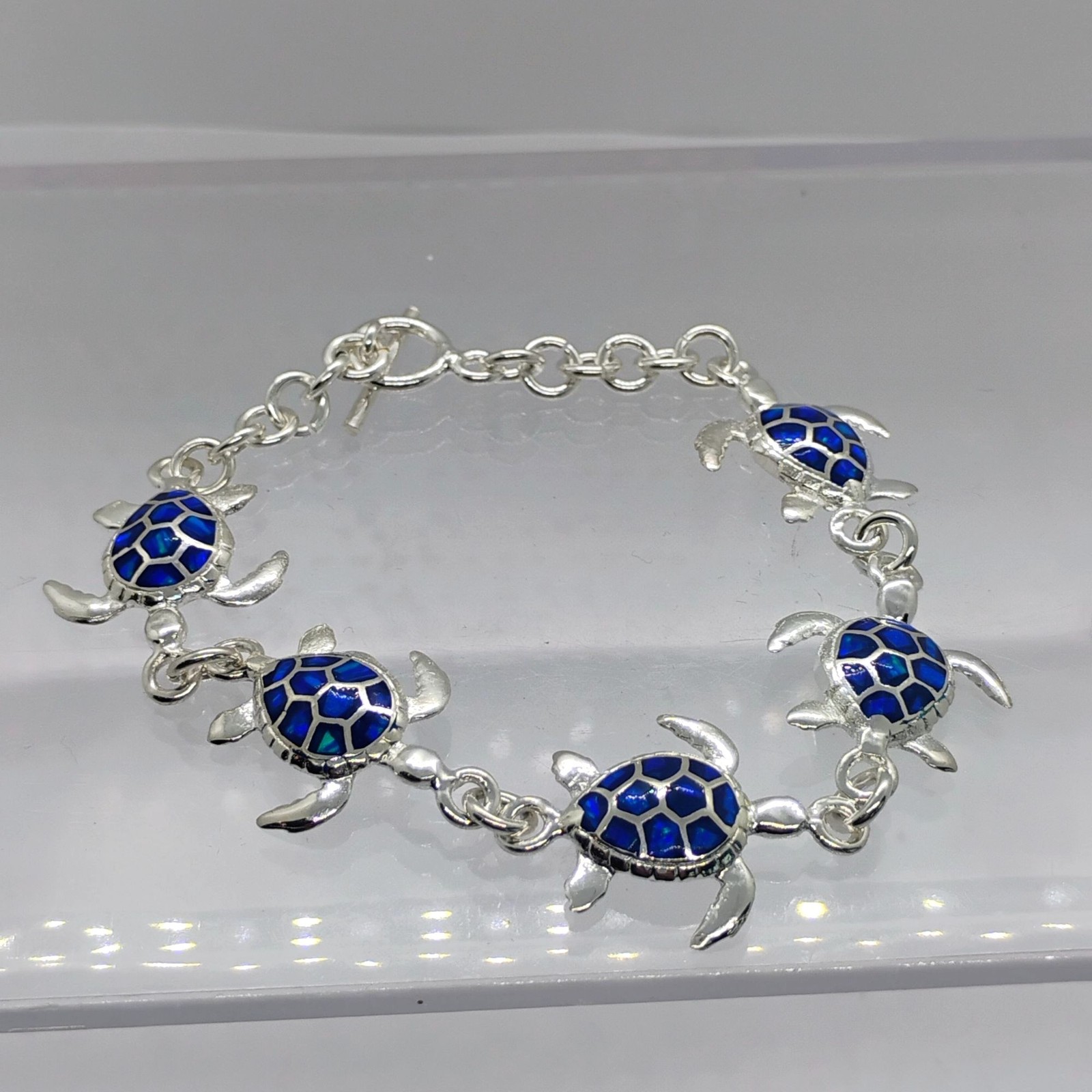 Sterling Silver Blue Lab Opal Inlay Sea Turtle Link Bracelet Toggle Clasp Size 7