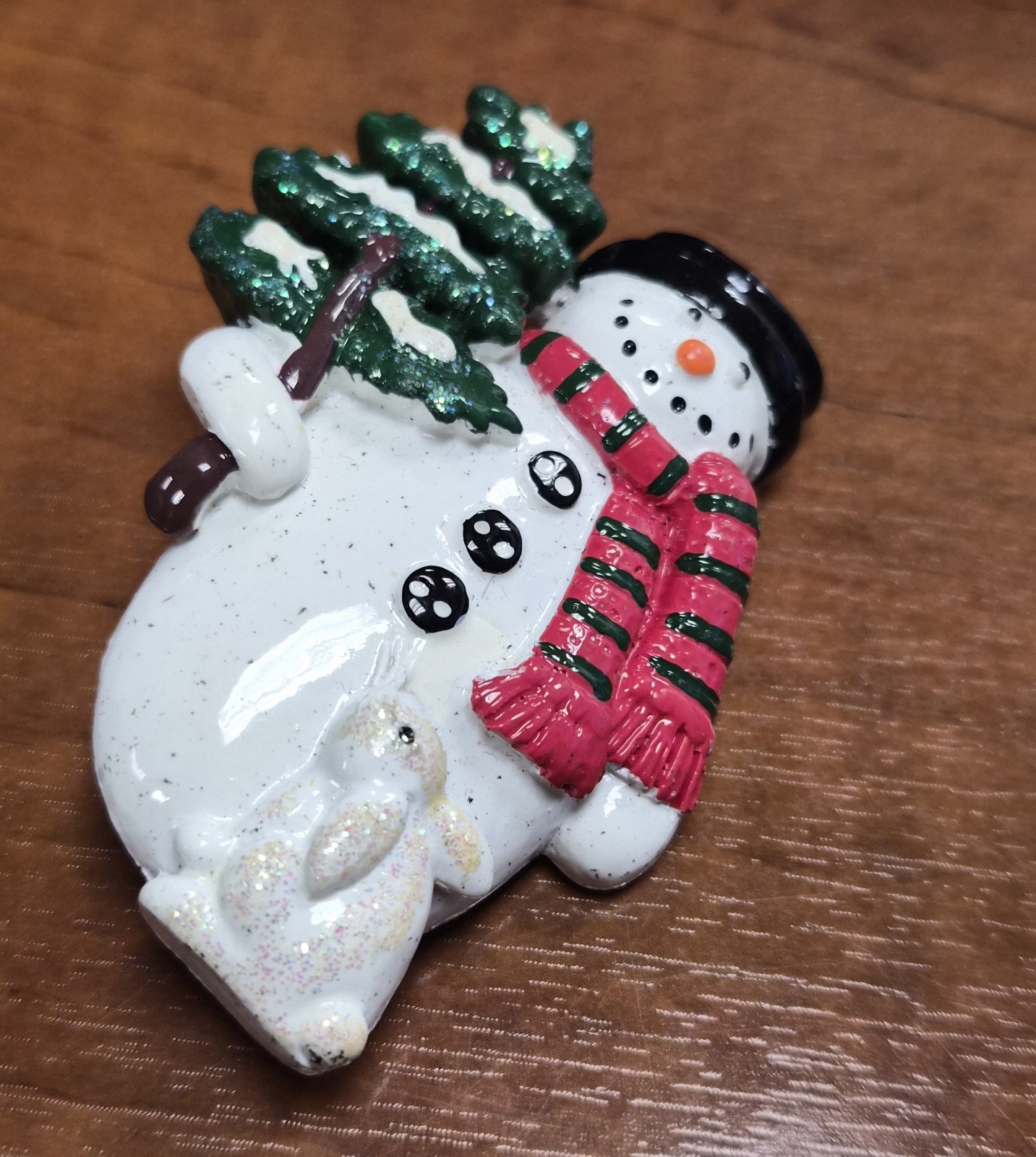 Estate Decorative Christmas Holiday Snowman Holding a Tree & Bunny Pin / Brooch