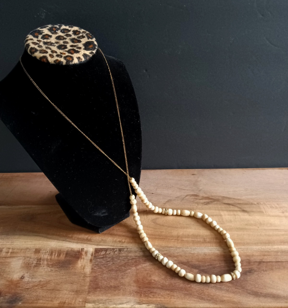 Natural Stone Necklace Bead Neutral Beige Cream Boho Long Rhinestone Spacer 34″