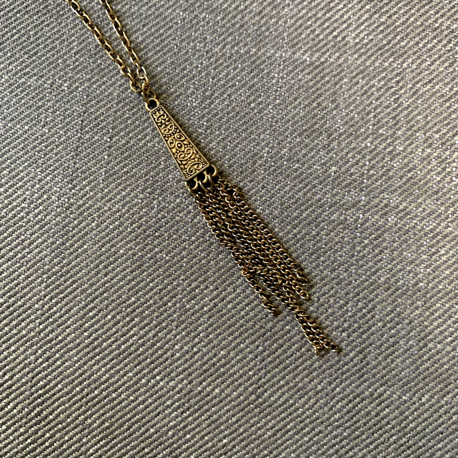 FOREVER 21 Chain Necklace Blue Stone Pendant Antique Gold Tone Tassel Etched 18″
