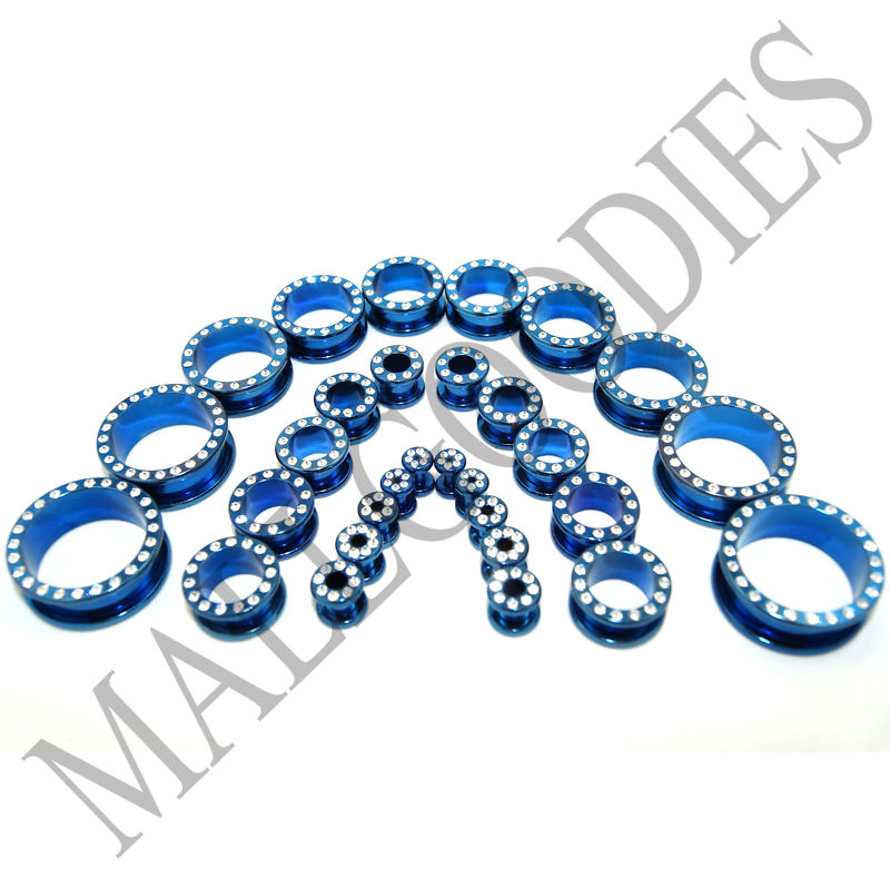 V046 Screw-on fit Blue CZ Surgical Steel Flesh Tunnels Ear Plugs 10G~1″