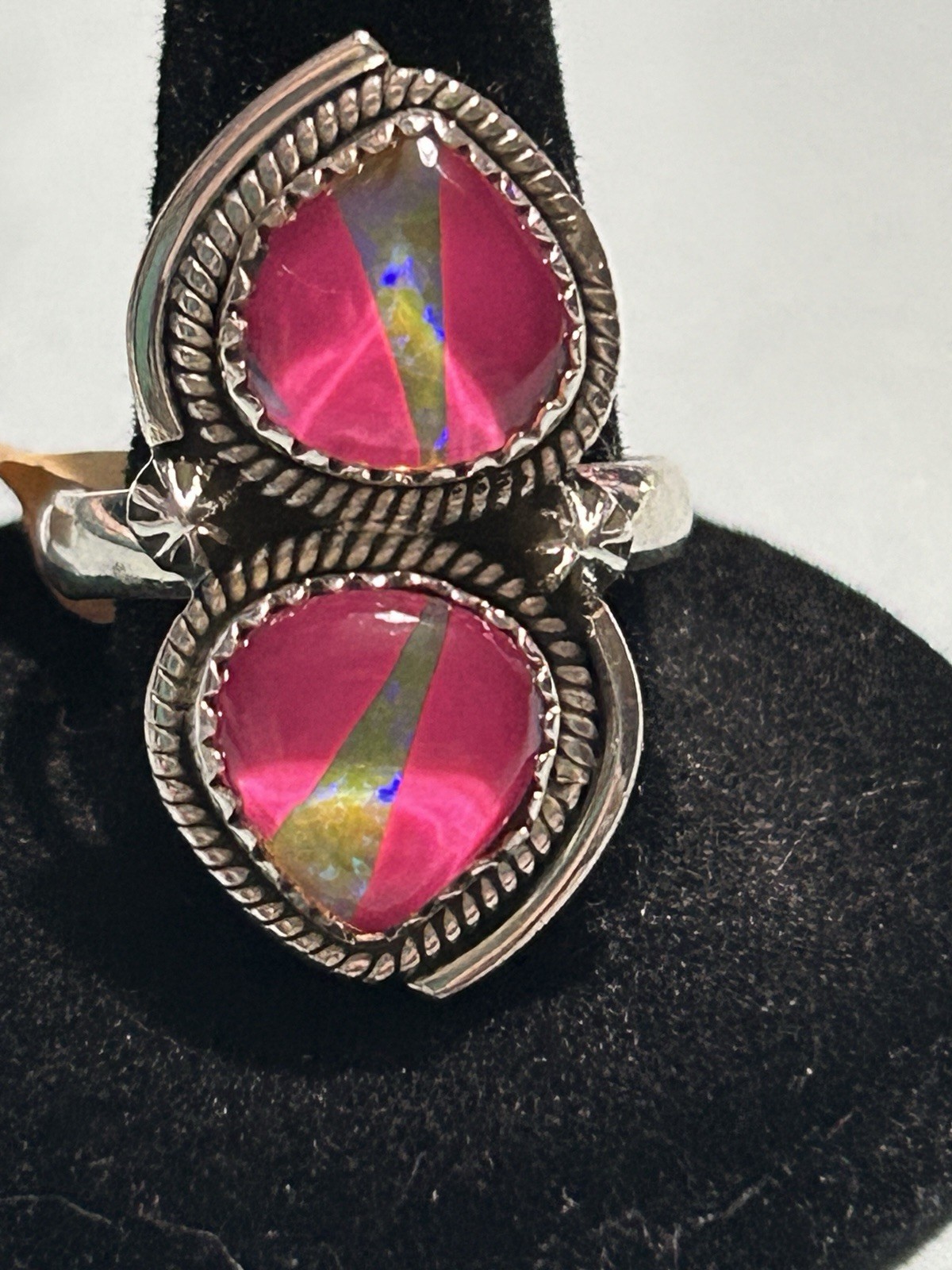 925 Sterling Hot Pink Lab Opal Stripe Candy Crush Ring Size 9