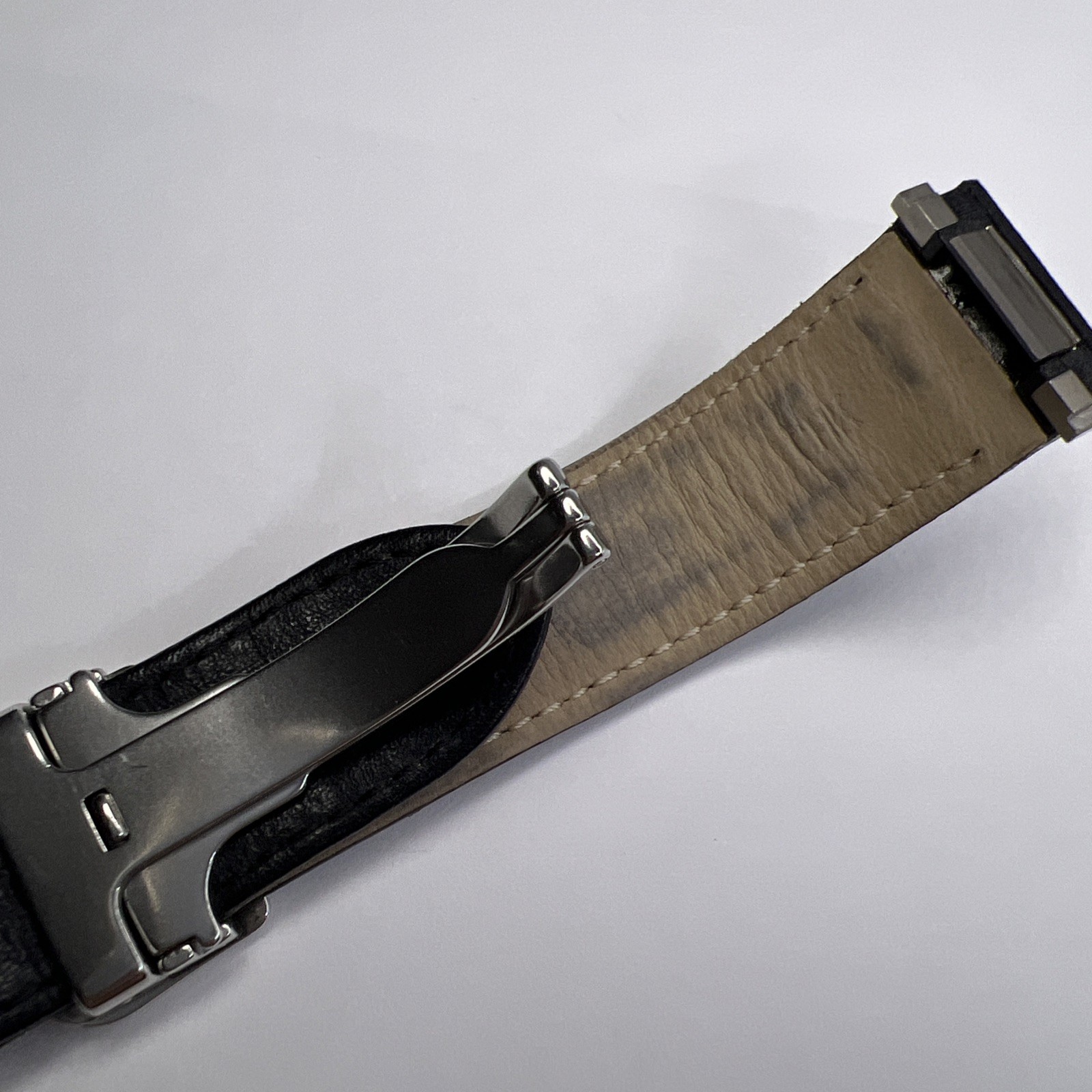 19mm Cartier Black Ridged Leather Strap Band 18mm Steel Foldover Deployant Clasp
