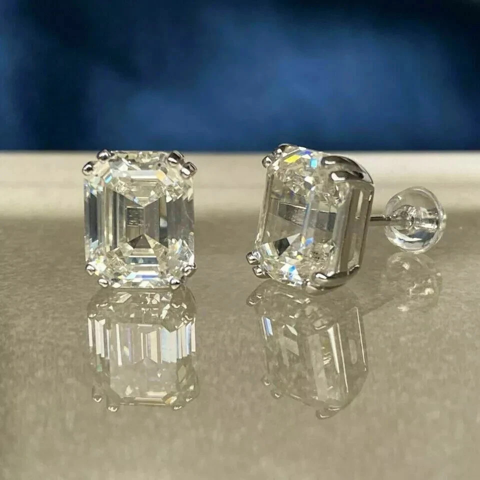 4Ct Asscher Cut Lab Created Diamond Solitaire Stud Earrings 14K White Gold Over