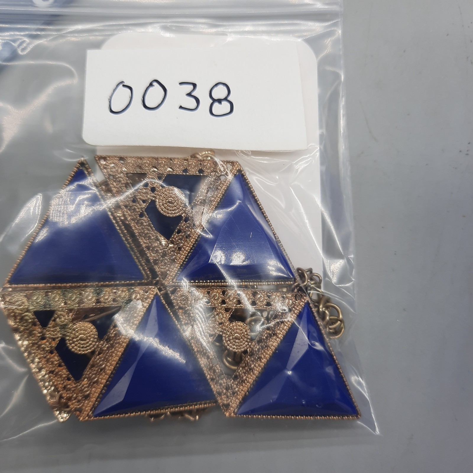Statement Necklace Triangles Blue Gold Tone Filigree 22 Inch