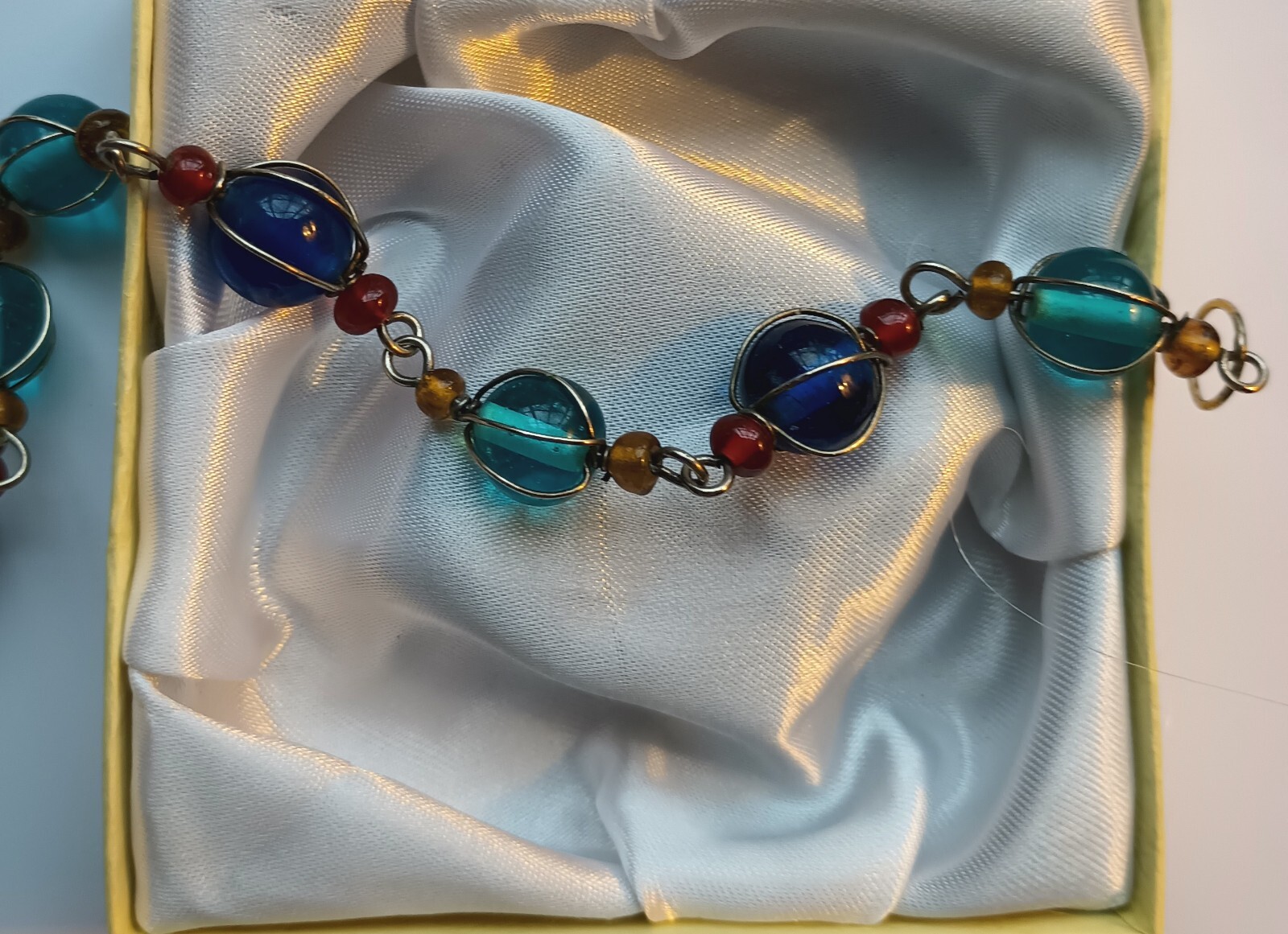 Wire Wrapped Coral, Turquoise Color Glass Beaded Bracelet Gift