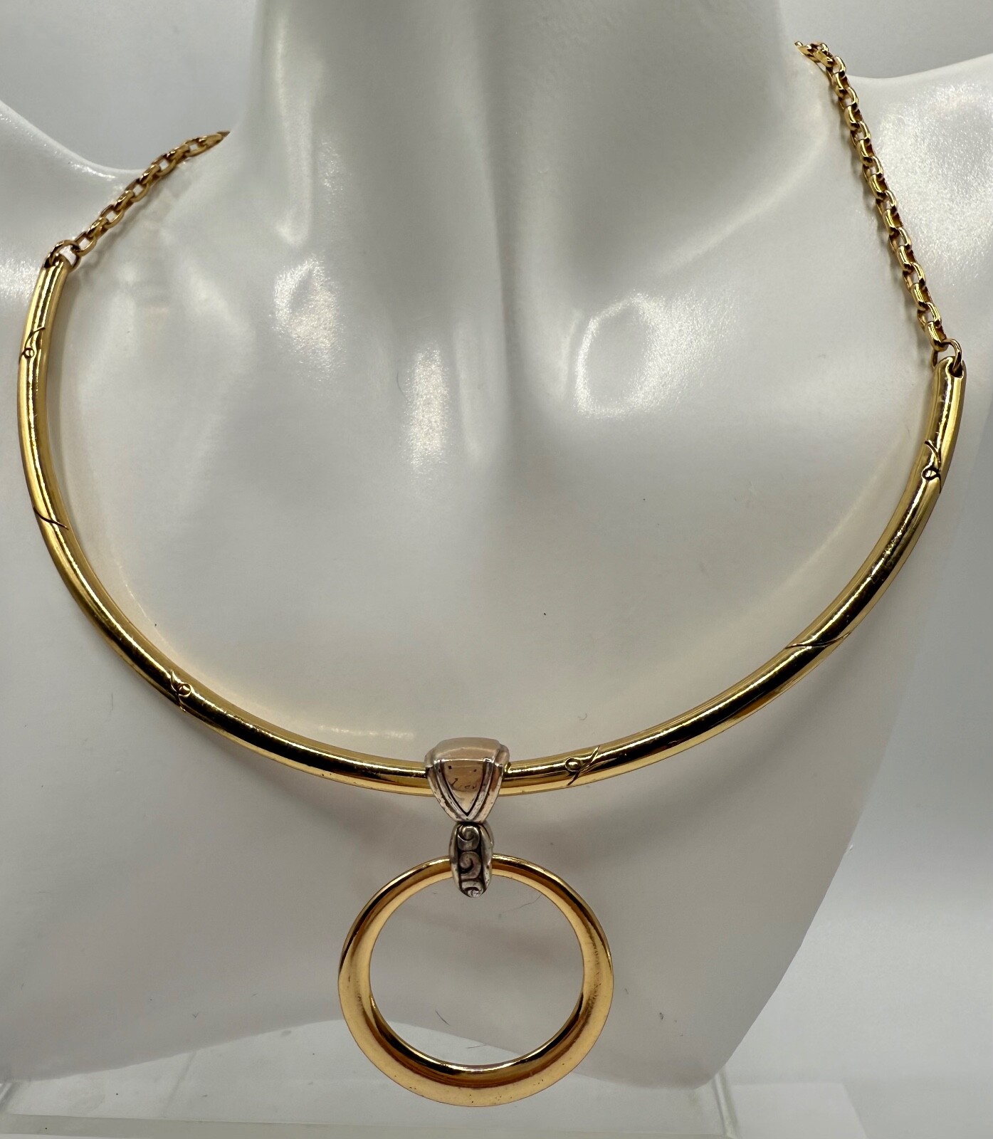 GOLD PLATED SLIDING CHARM PENDANT CABLE WIRE NECKLACE CHAIN COLLAR SIGNED 18″
