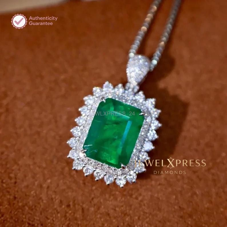 Handmade! 2.00CT Emerald Cut Natural Emerald & Diamond Halo Pendant 14k Gold