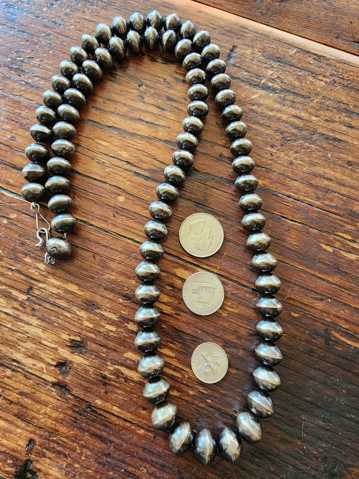 34″ Vintage HANDMADE Signed HS NAVAJO Sterling Silver Beaded NECKLACE 140g 13mm