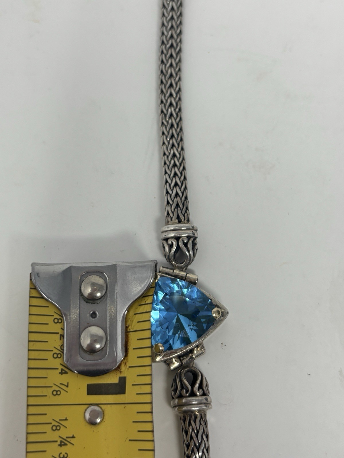 Vtg David Schorr Sterling Silver 18K Gold Blue Topaz Woven Wheat Bracelet 7.5”
