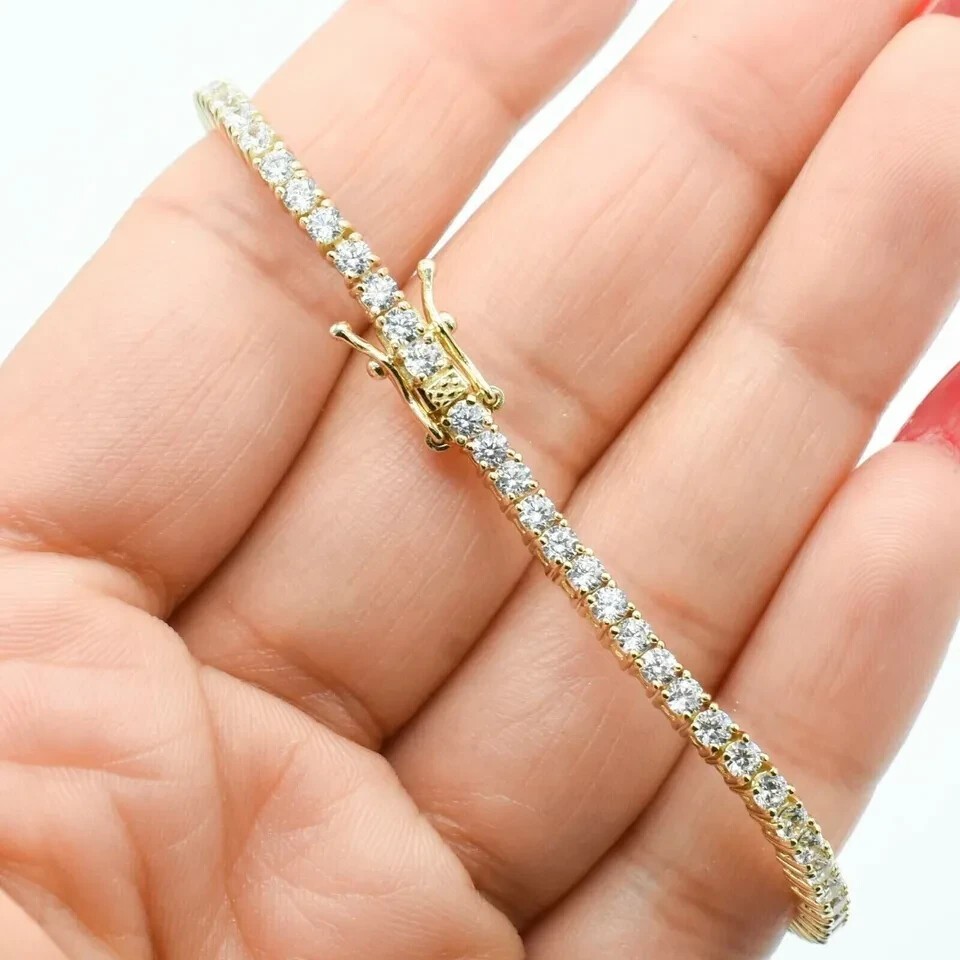 14k Solid Yellow Gold Round Natural Diamond Tennis Bracelet For Anniversary Gift