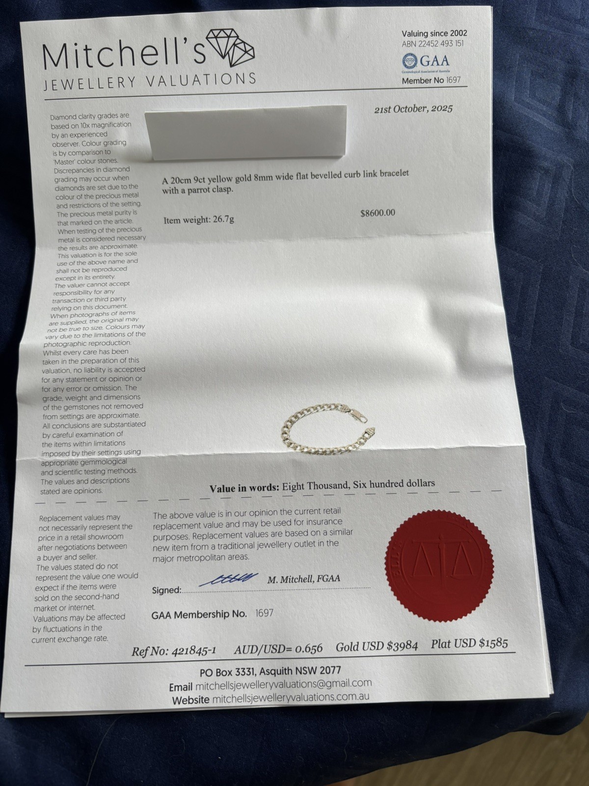 9ct Solid Gold, 20cm 8mm , 26.7g, bracelet