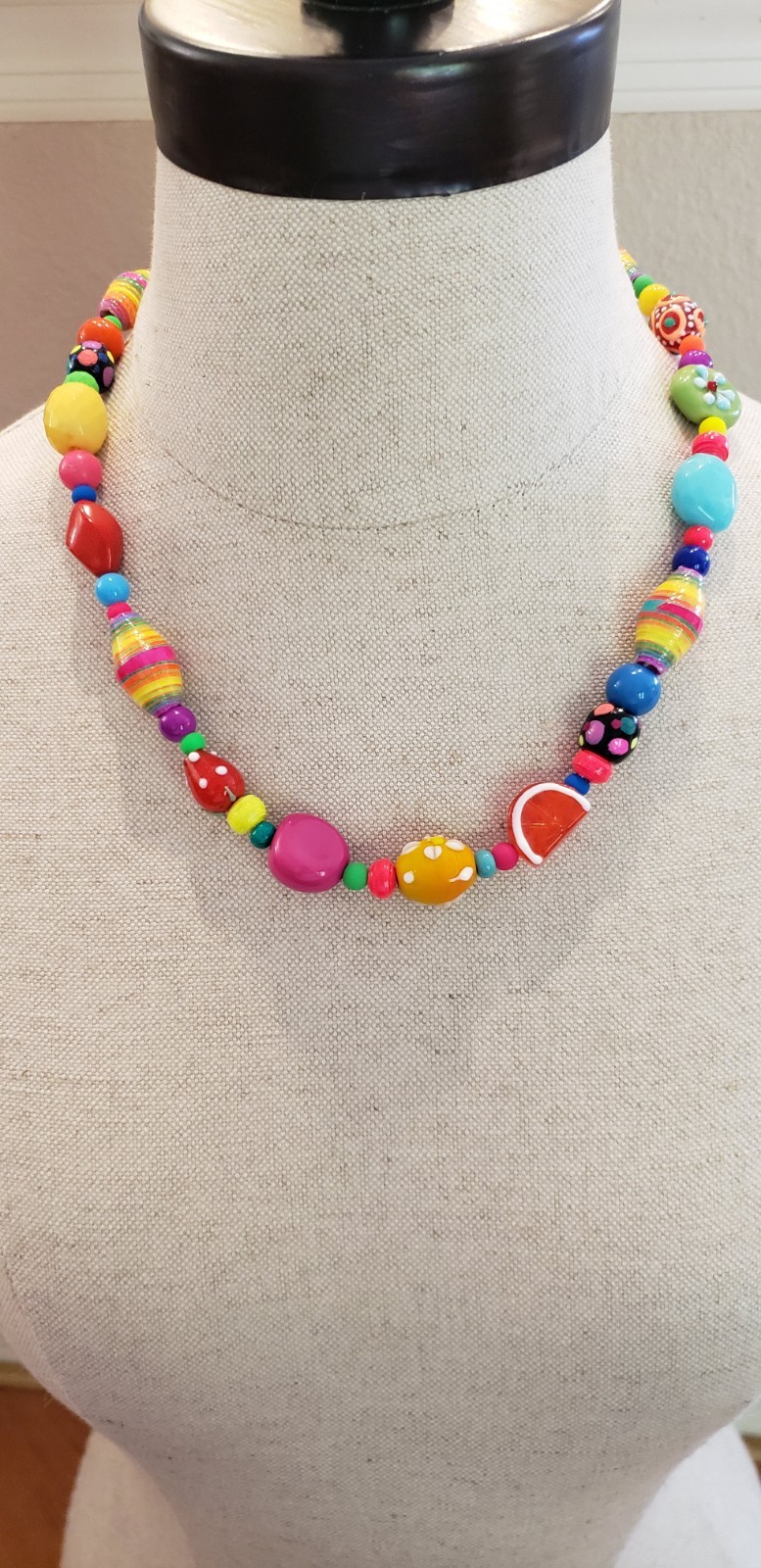 Handmade Colorful Beaded Necklace 20” Paper Glass Wood Acrylic Whimsical OOAK