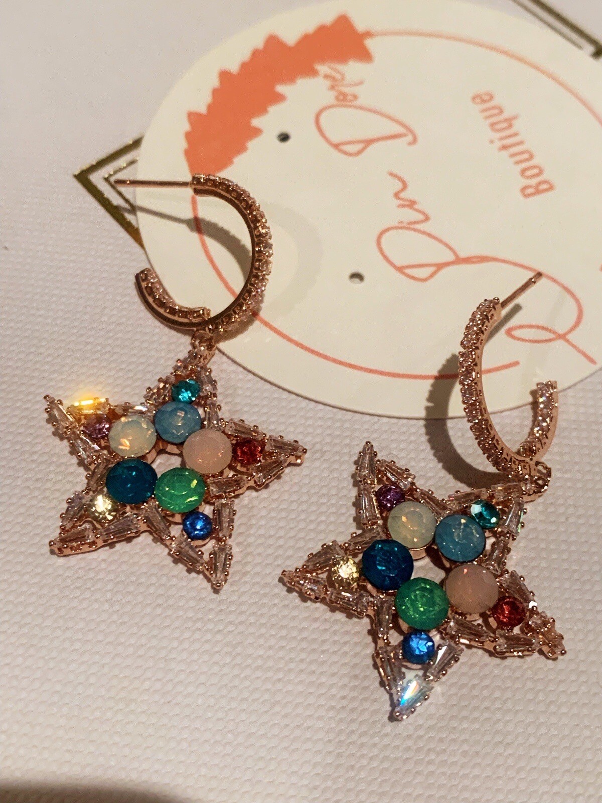 Multicolor CZ Star Rose Gold Plated S925 Post C Hoop Earrings