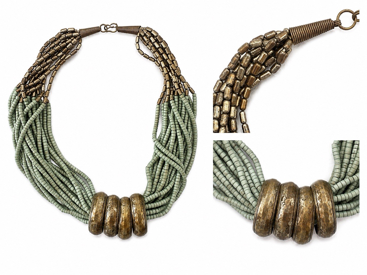Stunning Boho Multi Strand Sage Green Beaded Statement Necklace Vacation Grail