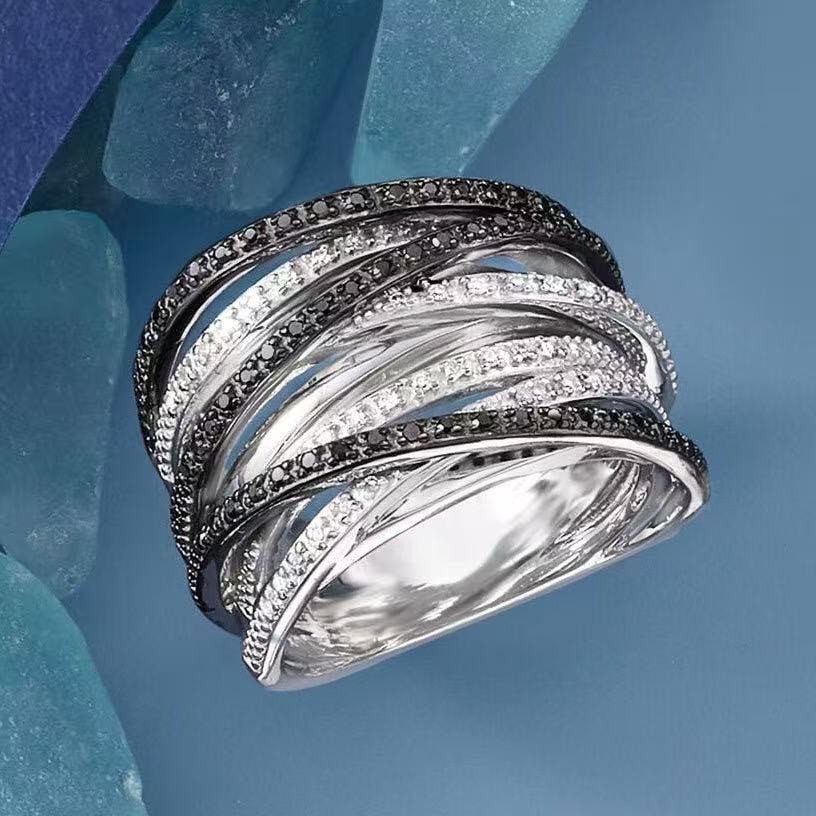 Fashion Women White Gold Plated Sparkling Black CZ Multiple Layers Band Ring