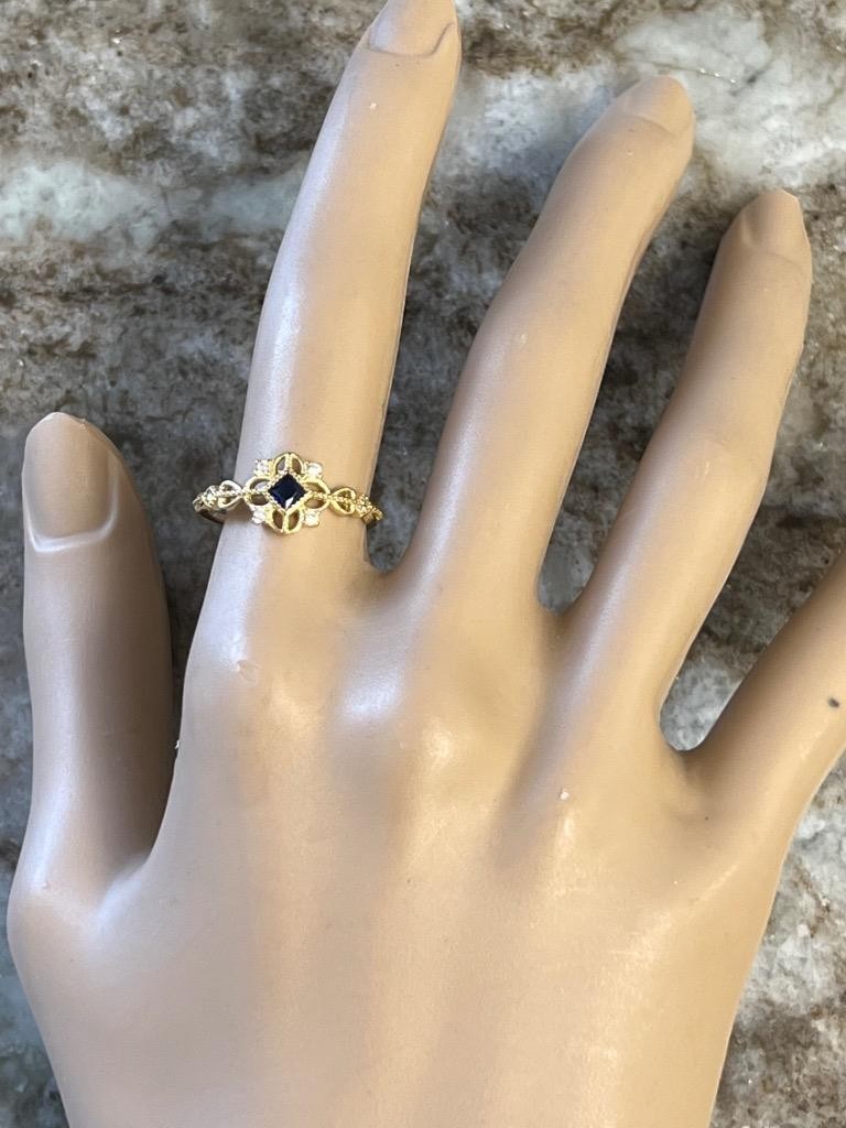 Real Blue Sapphire & Diamond 14K Y Gold on SOLID 925 Ring SZ 8 1/4 Victorian Rev