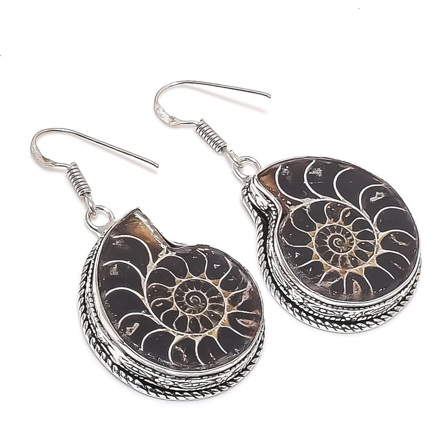 Ammonite Fossil Gemstone Handmade 925 Sterling Silver Jewelry Earring 2.01″ U754