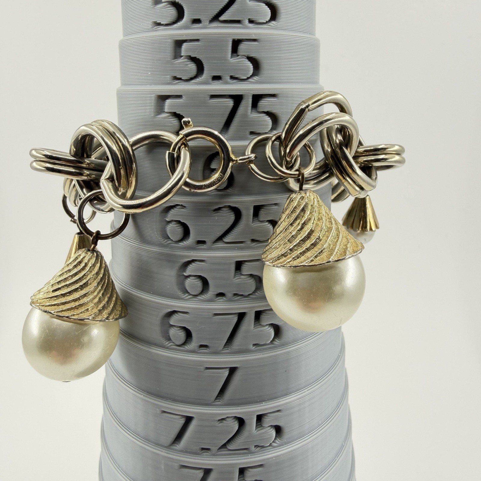 Signed Germany Chunky Chain Link Charm Bracelet Faux pearl Ribbed Hardware