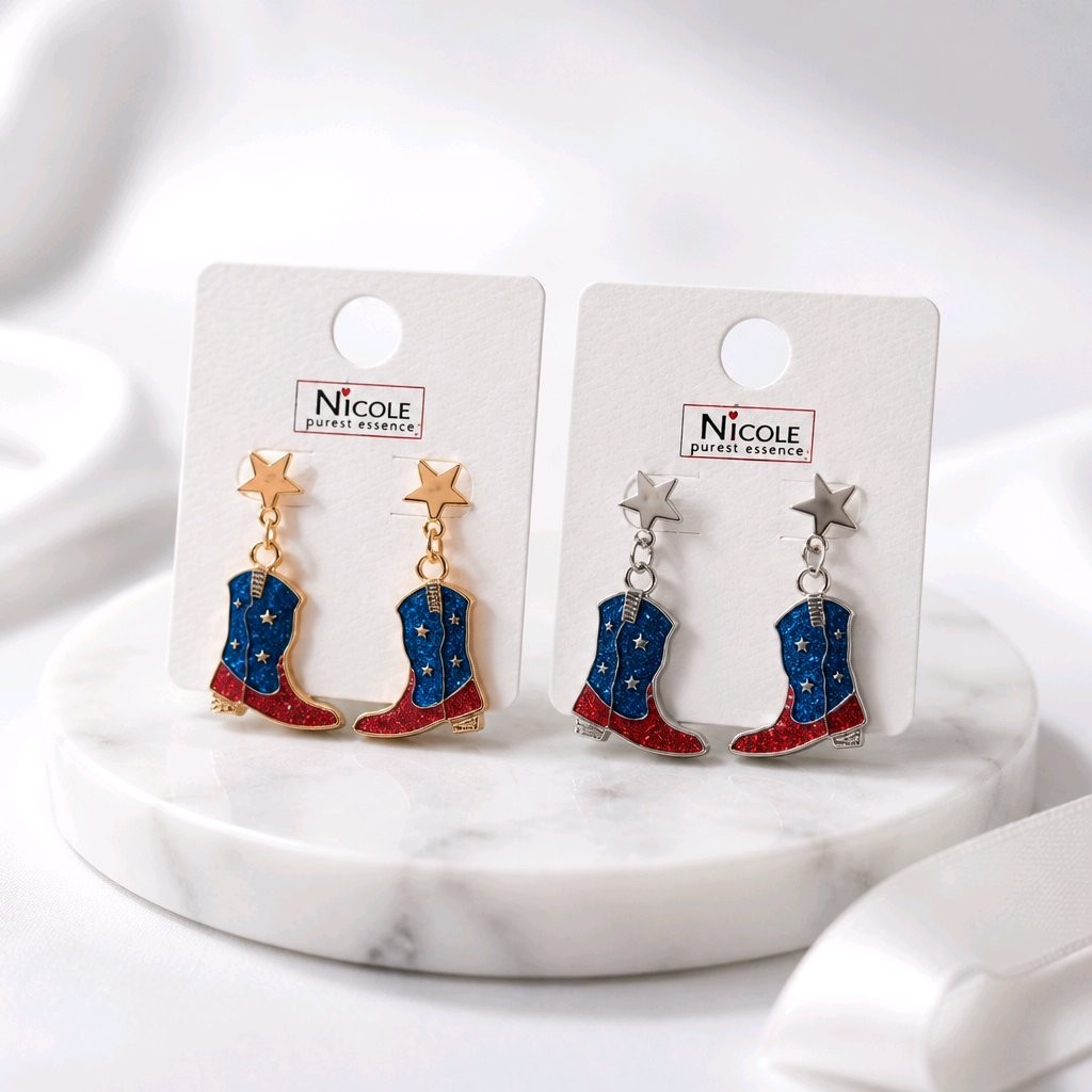 Patriotic Cowboy Boot Dangle Earrings Fourth of July Red White Blue Western Star