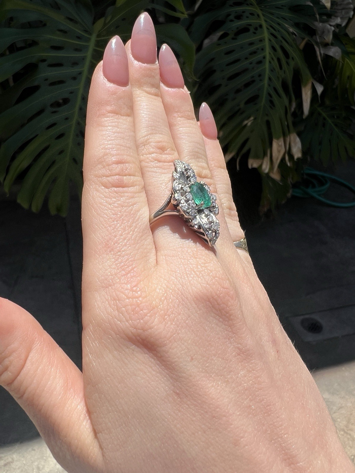 STUNNING 1ct EMERALD ring 14k white gold MANY diamonds MAY birthday ART DECO