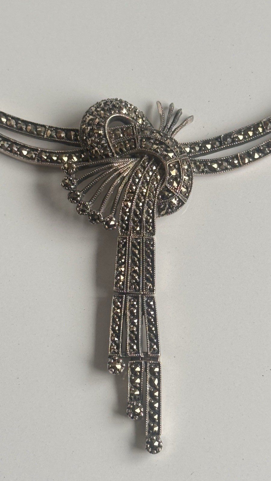 ART DECO ACI 925 STERLING SILVER KNOT NECKLACE MARCASITES #10