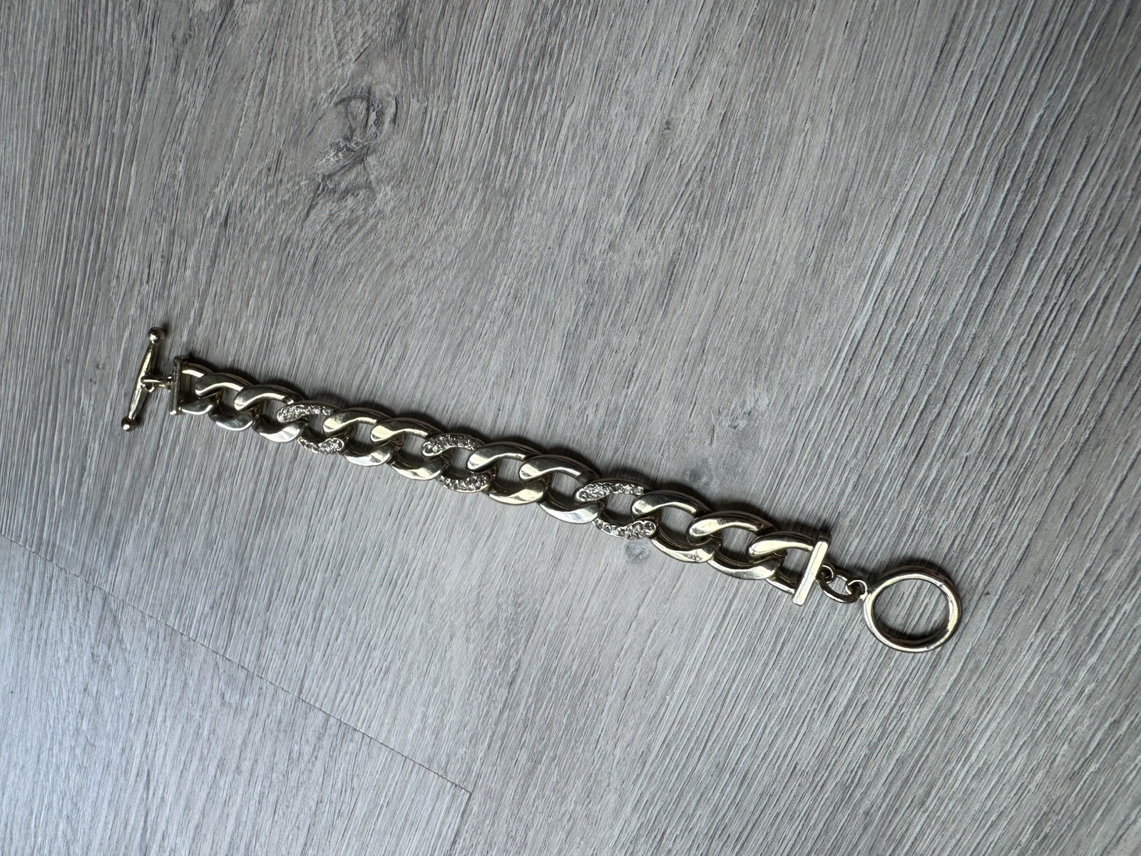 Chunky Silver Gold Tone Link Chain Bracelet Rhinestone Accent Toggle Clasp VS