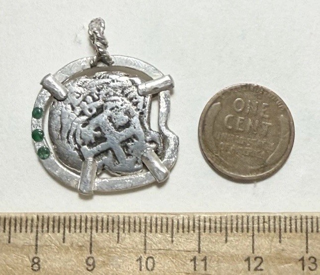 Authentic Spanish-Colonial 2-Reales Silver Shipwreck Cob Coin in Emerald Bezel