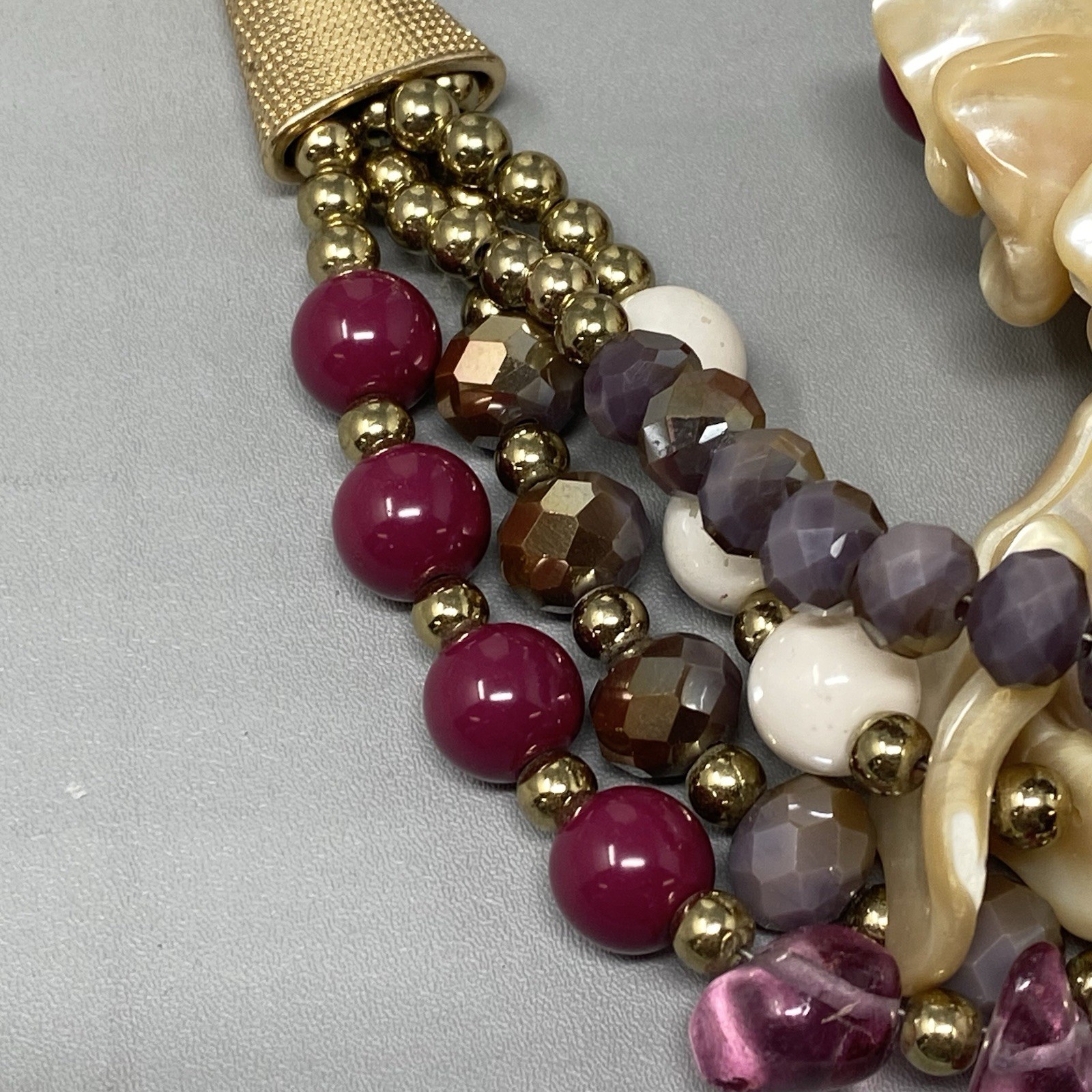 Chunky Statement Layered Necklace Mauve Purple Glass Shell Acrylic Gold Tone 21″