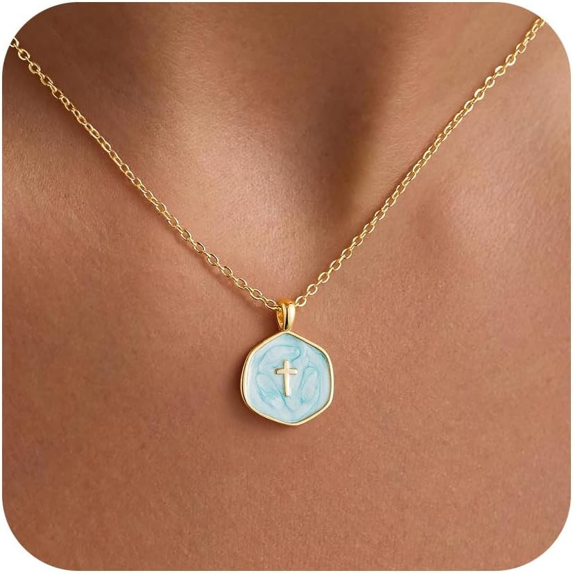 Enamel Mini Cross Necklace for Women Girl, 14K Gold Plated Jewelry | Small Gold
