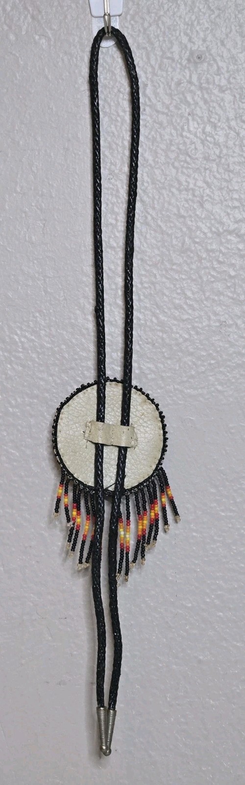 Native American Beaded Necklace Bolo Tie Black Yellow Red Orange Seed Beads 16″