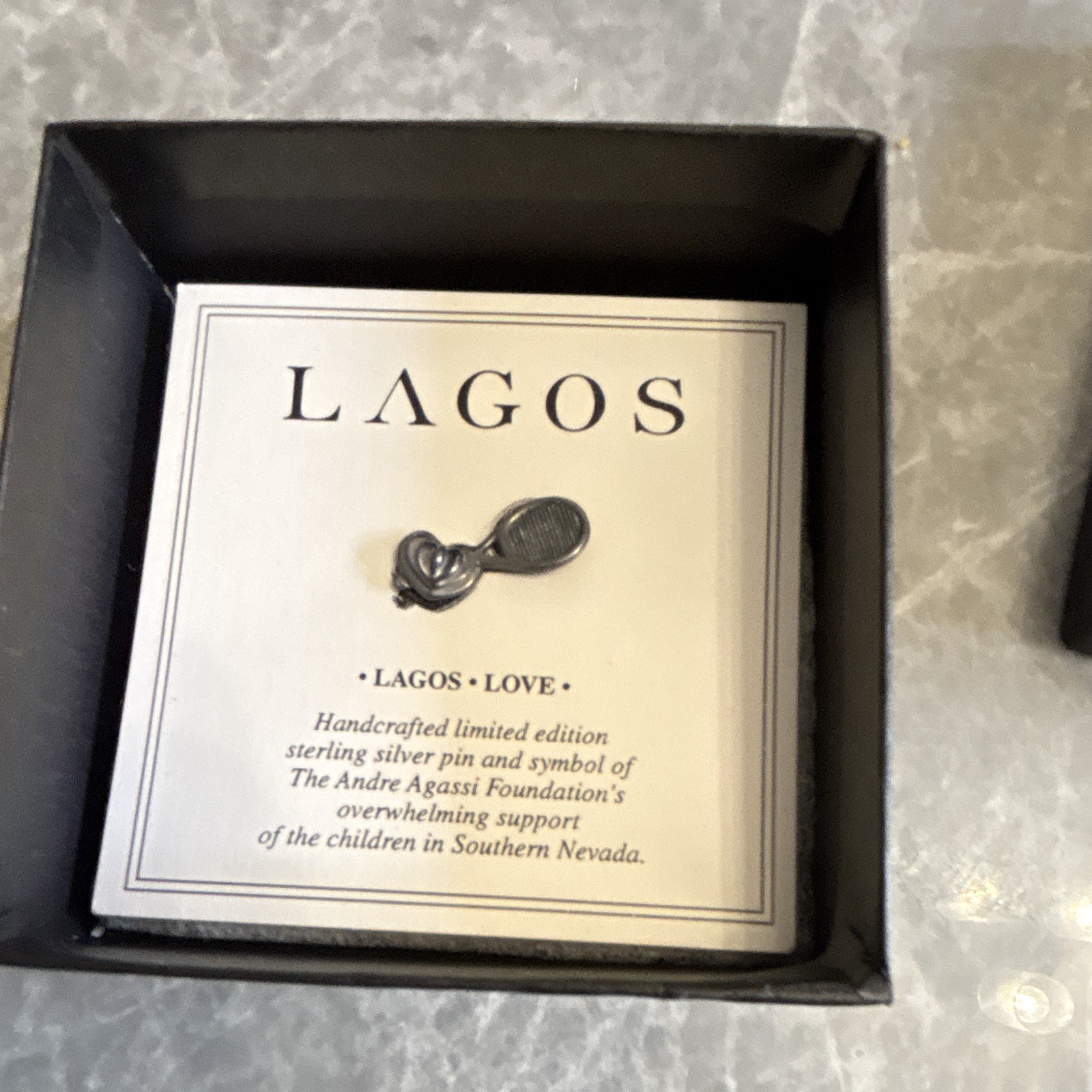 LAGOS Sterling Silver Tennis Racket Heart Pin Agassi Foundation Box Limited Ed