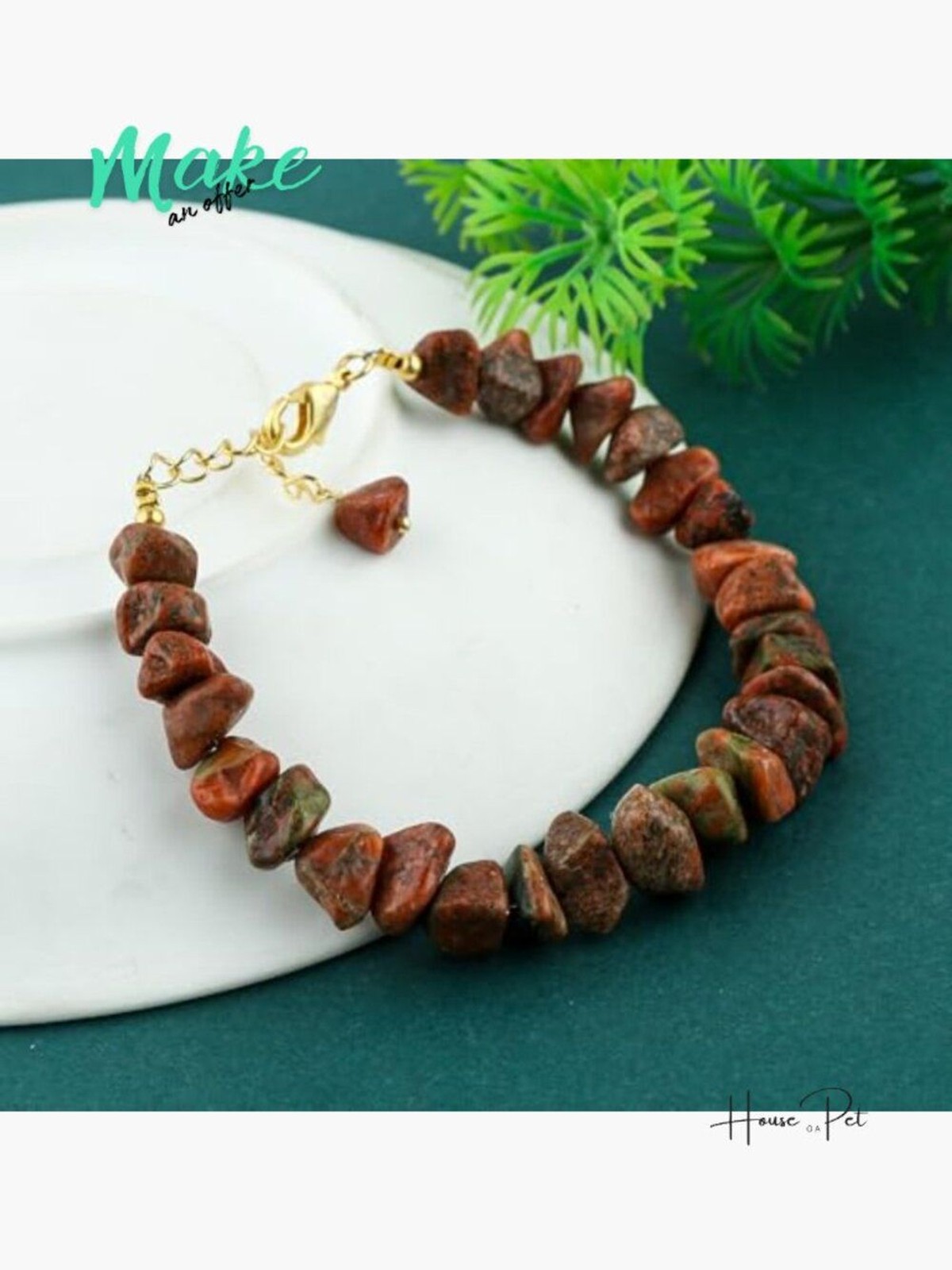 Raw Unakite Gemstone Bracelet, Gold Plated Brass, Lobster Claw Clasp, Handmade