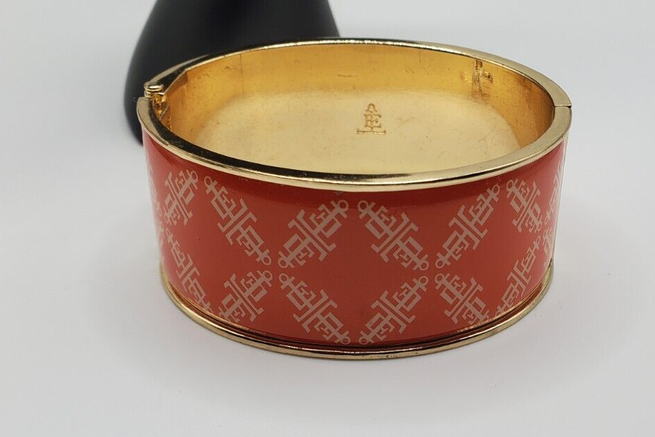 Lands End Gold Tone Orange with White Logo Enamel bangle /Cuff Bracelet