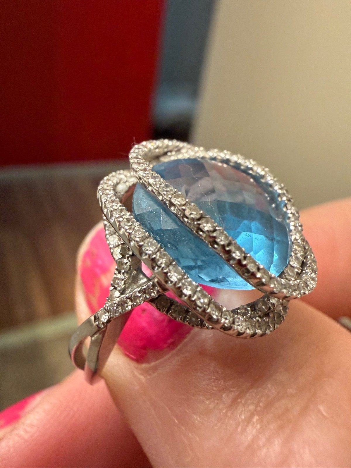 BH EFFY Ocean Bleu 14K White Gold Blue Topaz And Diamond Ring Size 7